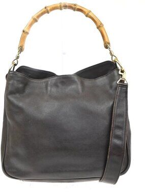 GUCCI Logo Bamboo Handle 2way Shoulder Bag Leather Brown GHW Italy 67KC940